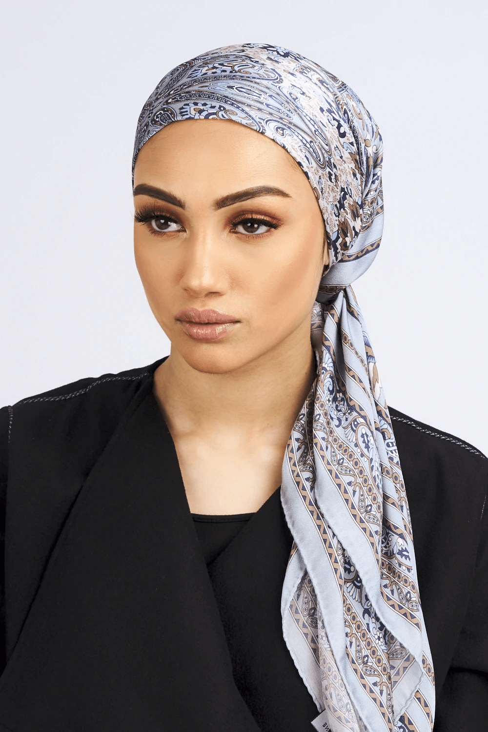Silk Satin Scarf in Sky Blue Floral Print