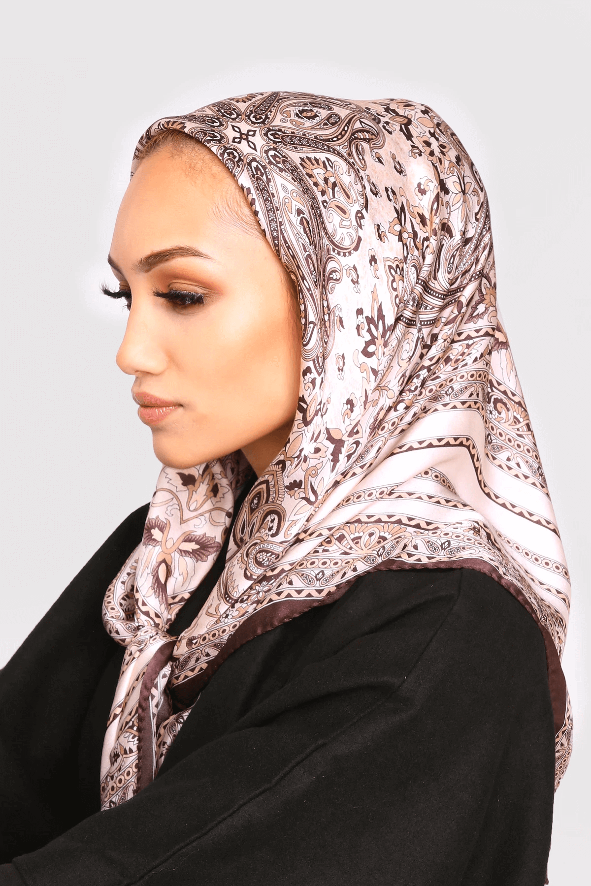 Silk Satin Scarf in Beige Floral Print