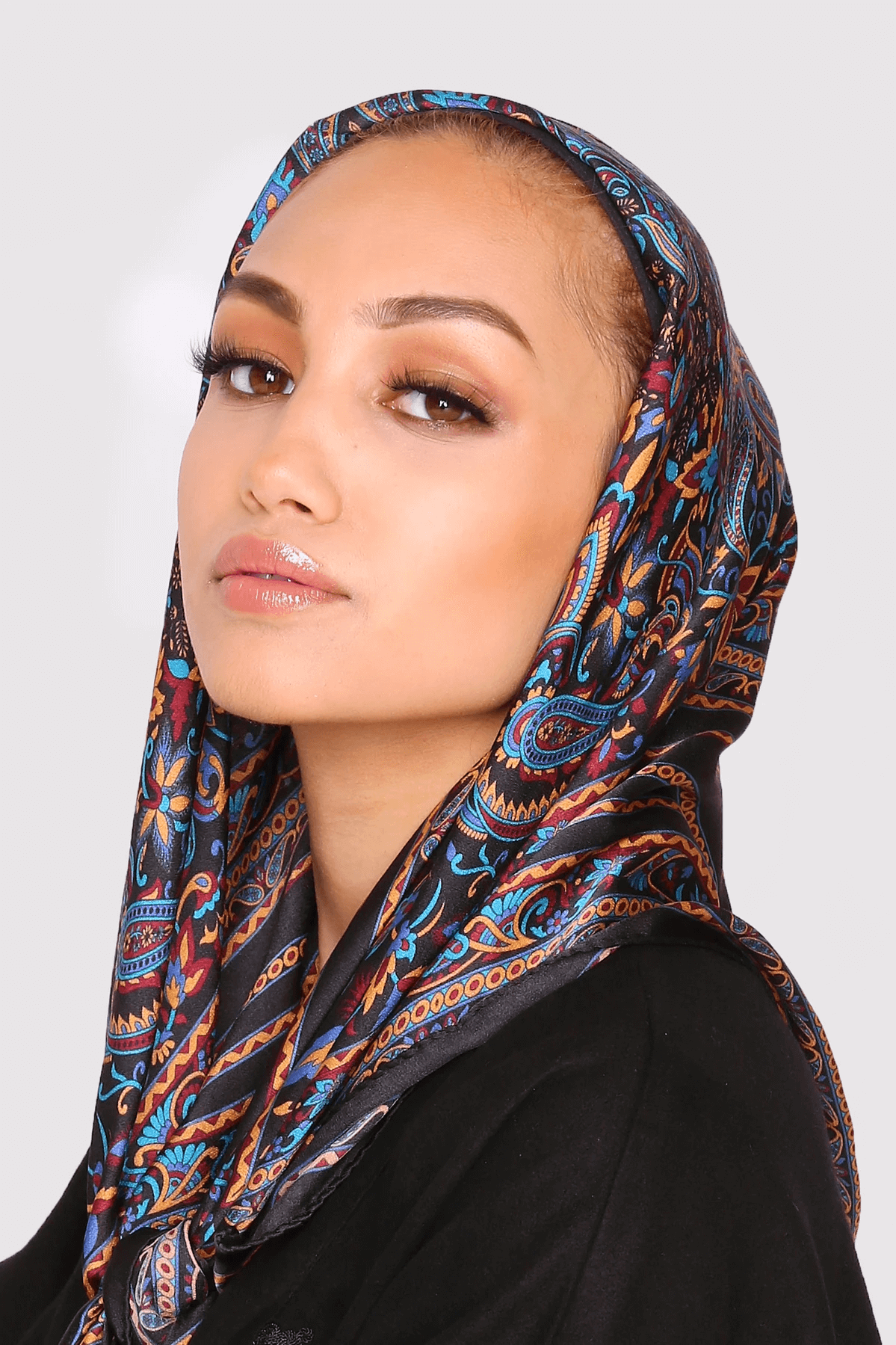 Silk Satin Scarf in Black & Blue Floral Print
