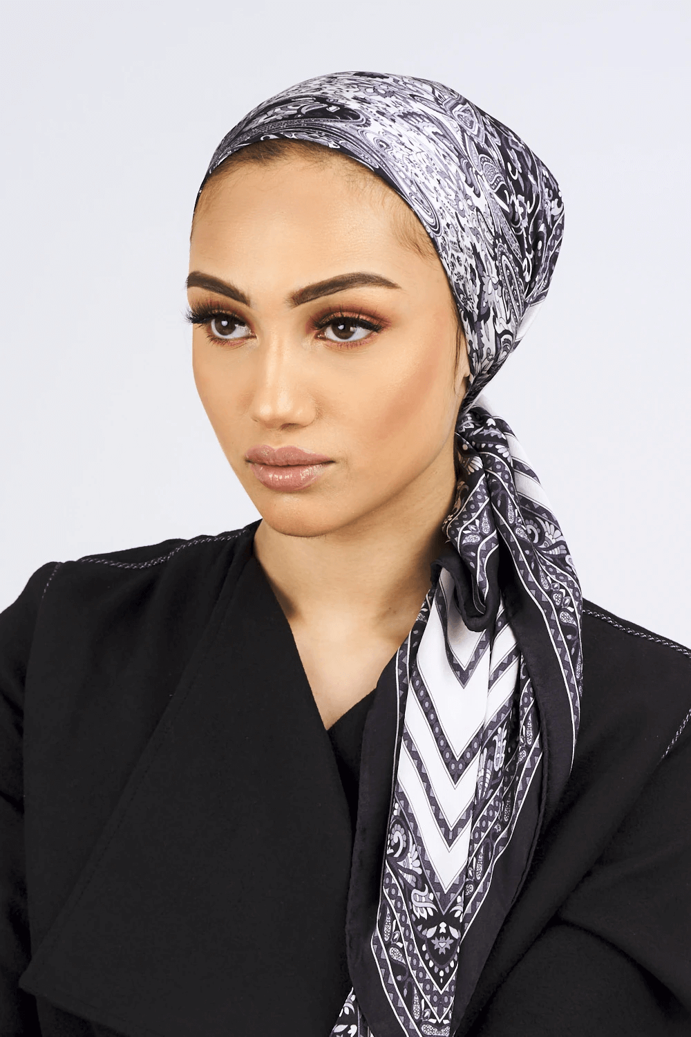 Silk Satin Scarf in Black & White Paisley Print