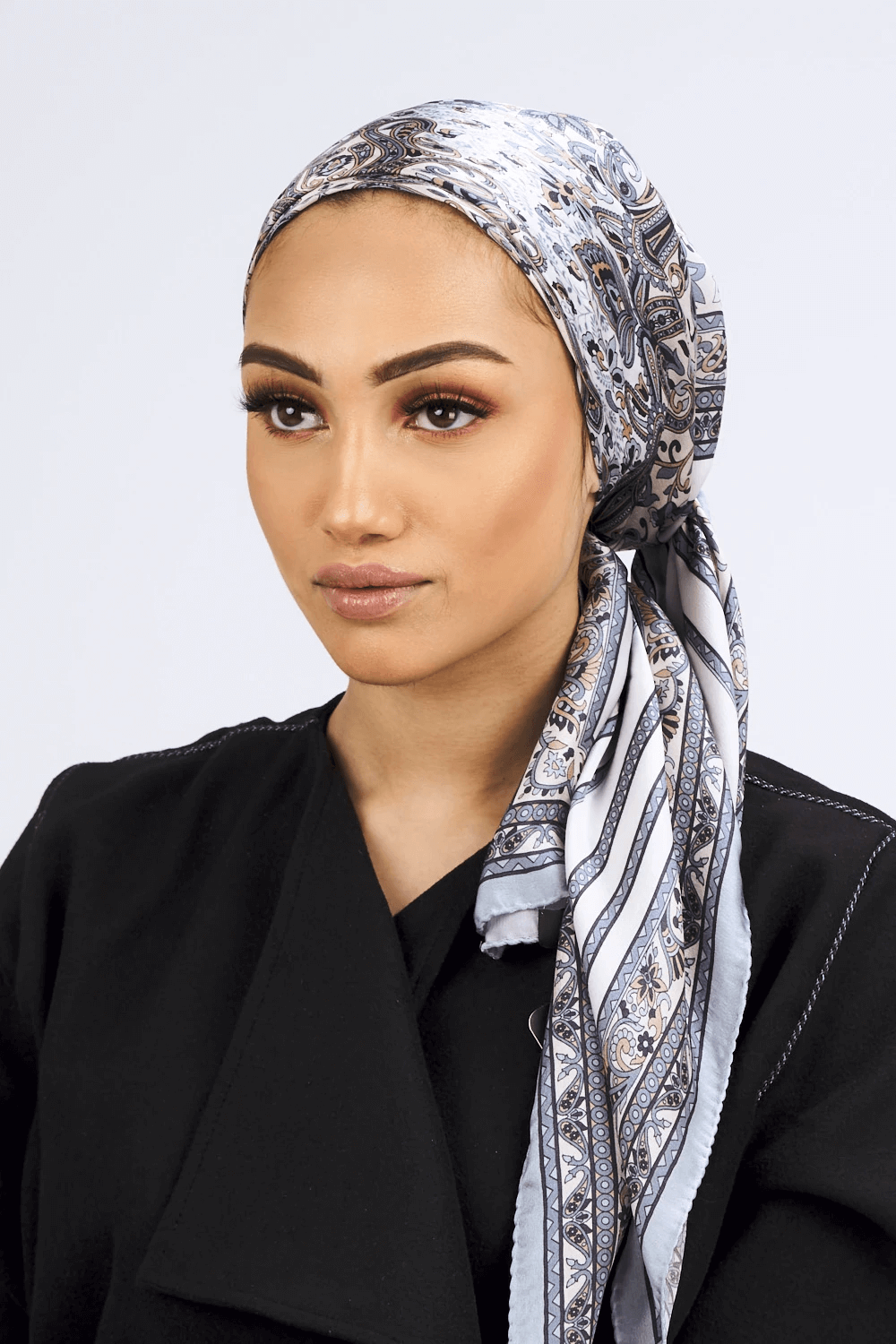 Silk Satin Scarf in Grey & Beige Paisley Print