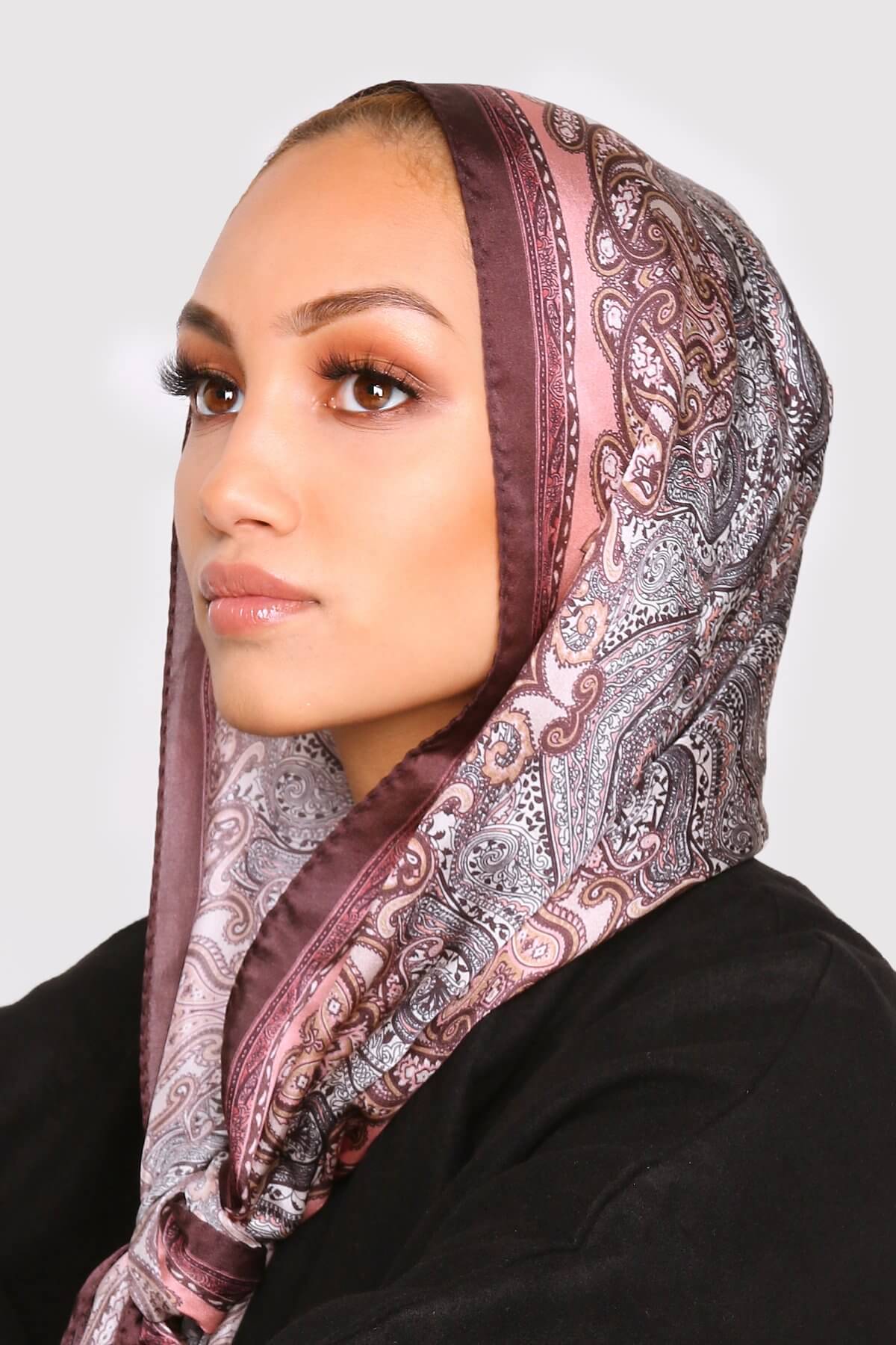 Silk Satin Scarf in Burgundy & Pink Paisley Print