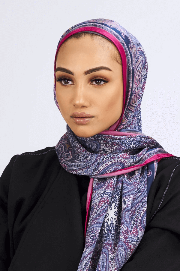 Silk Satin Scarf in Pink & Blue Paisley Print