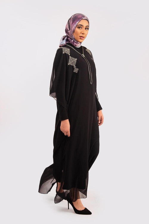 Kaftan Iklil Cropped Sleeve V Neck Loose Maxi Gandoura Dress in Black