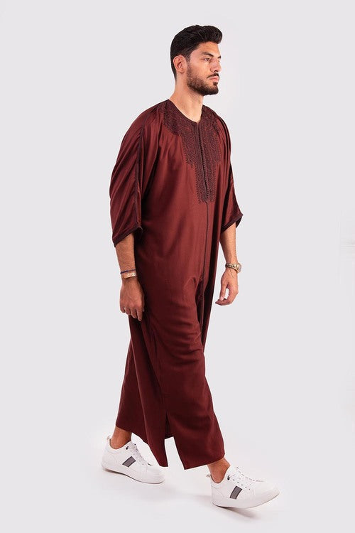 Gandoura Badii Men's Long Robe Long Sleeve thobe in Grenate