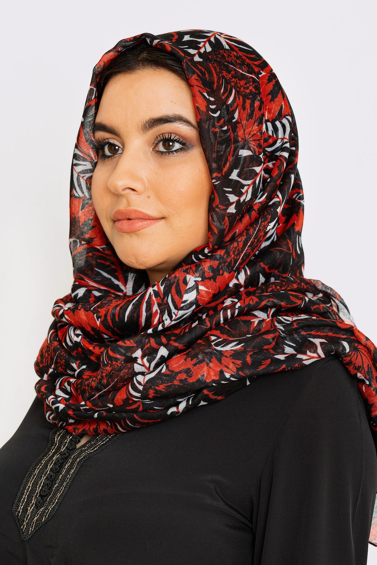 Women's Lightweight Head Scarf in Black & Red Tropical Print