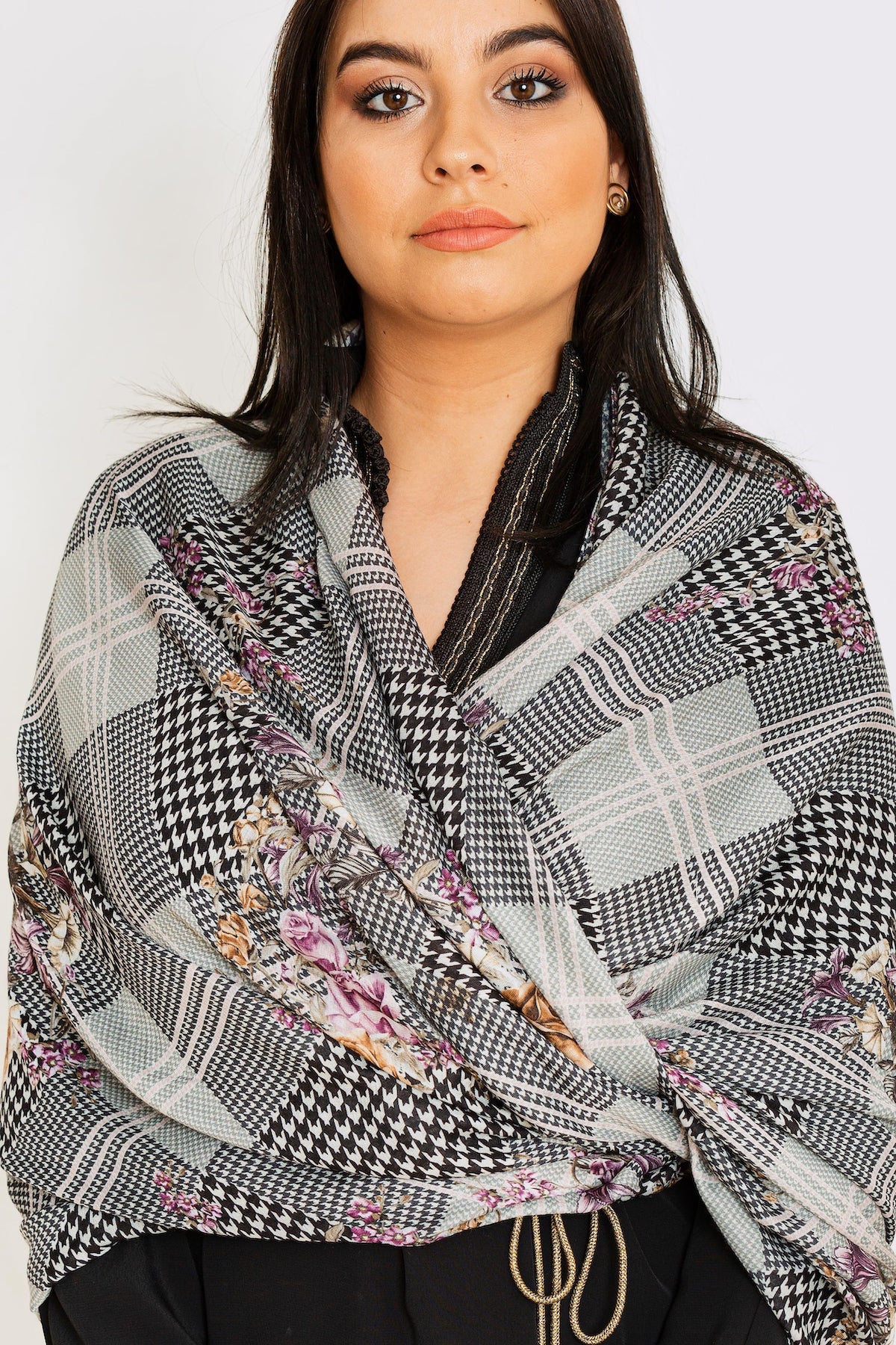 Women's Lightweight Head Scarf in Black & Purple Mixed Check and Floral Print