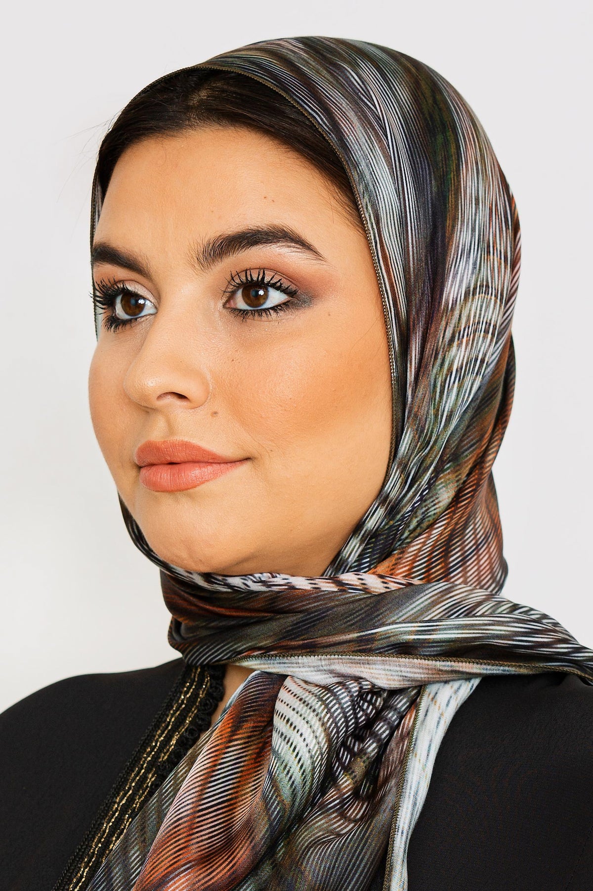 Women's Silk Satin Head Scarf in Khaki Green Print