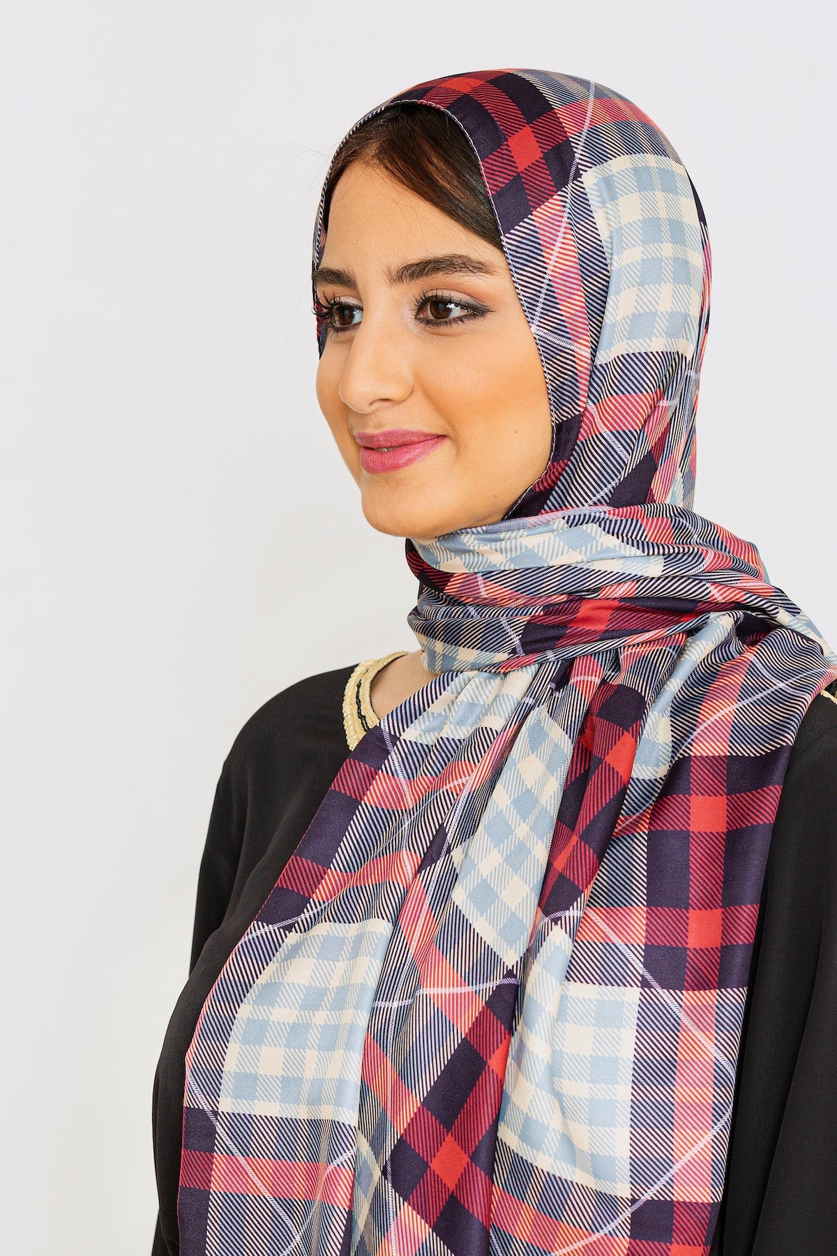 Women's Lightweight Pashmina Head Scarf in Red & Blue Print