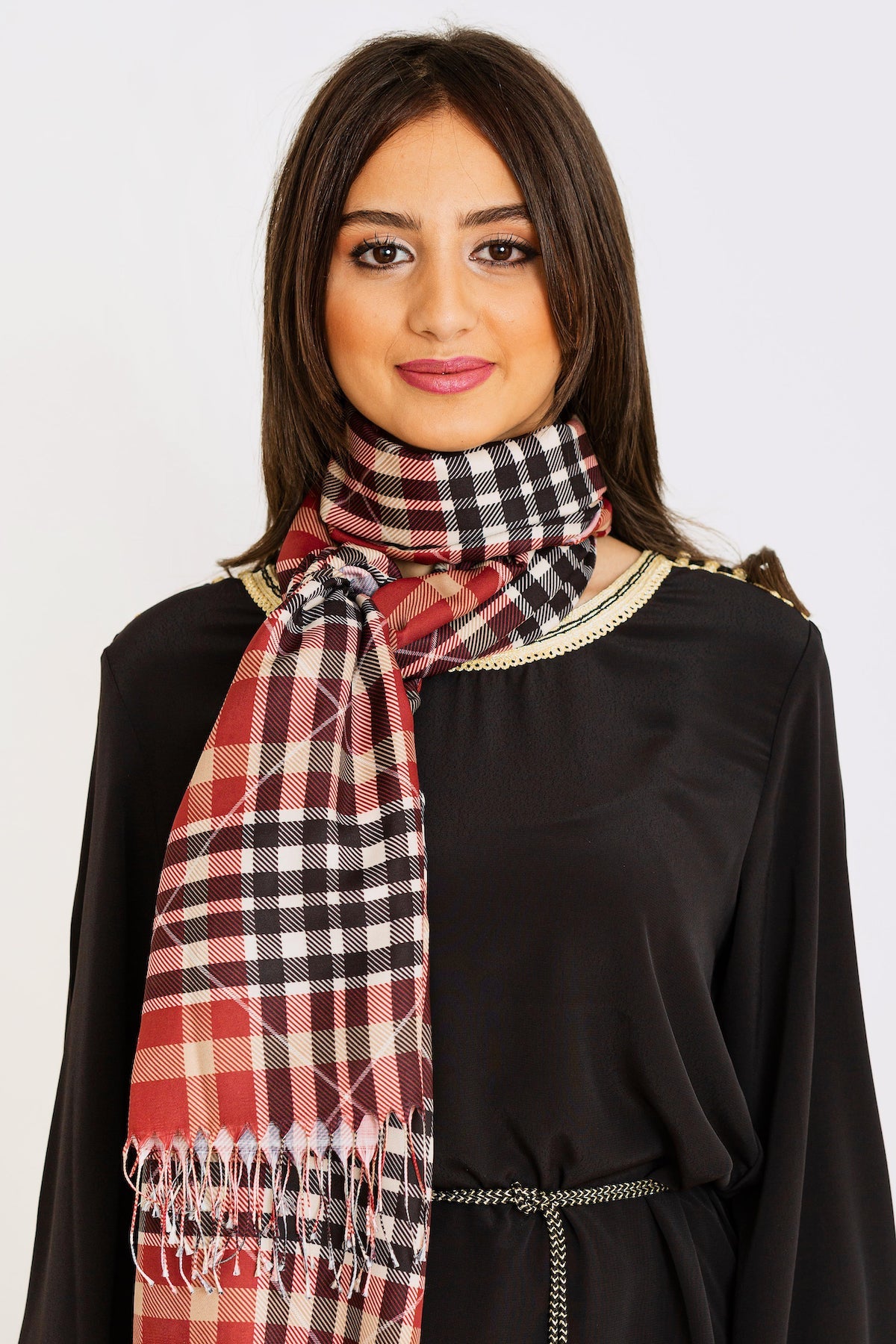 Women's Lightweight Pashmina Head Scarf in Burgundy & Beige Print