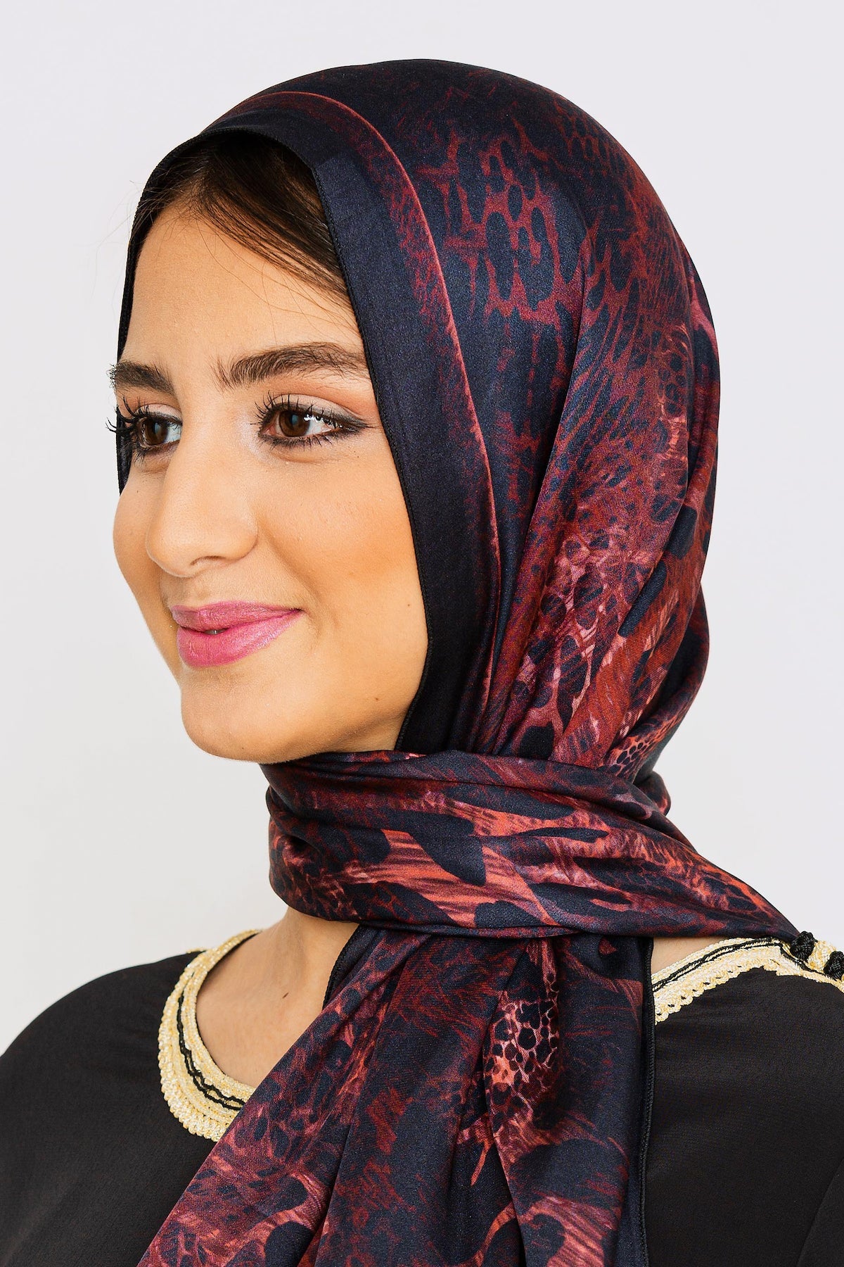 Women's Silk Satin Head Scarf in Burgundy Animal Print