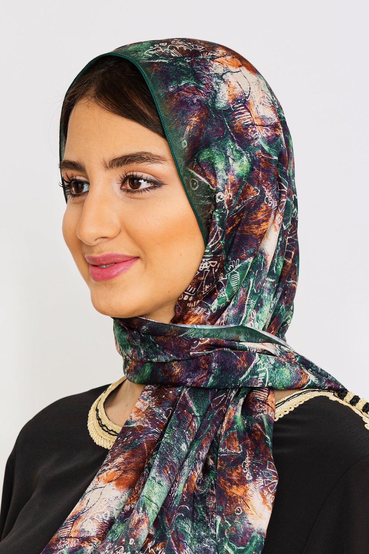 Women's Silk Satin Head Scarf in Green Print
