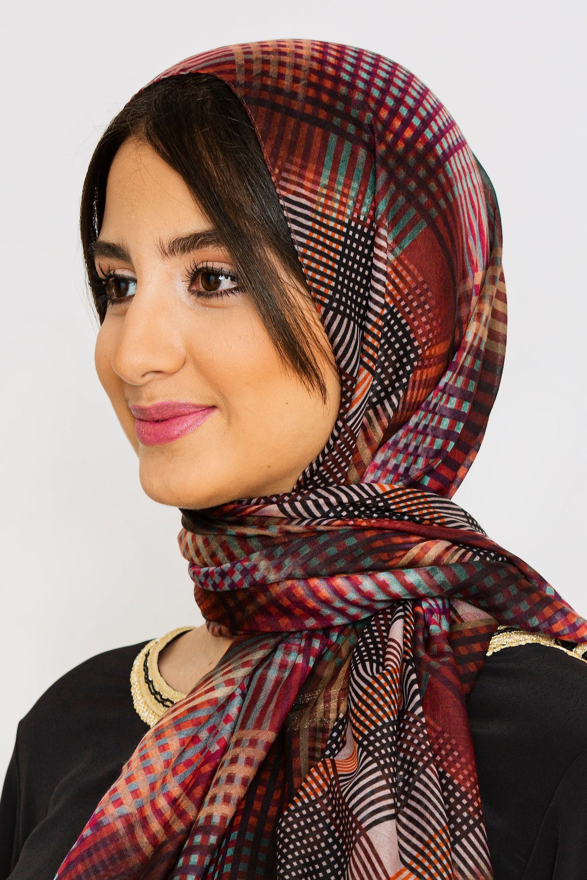 Women's Lightweight Satin Head Scarf in Purple & Black Check Print
