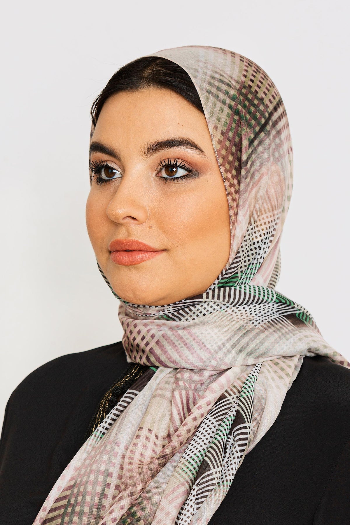 Women's Lightweight Satin Head Scarf in Green & Beige Check Print
