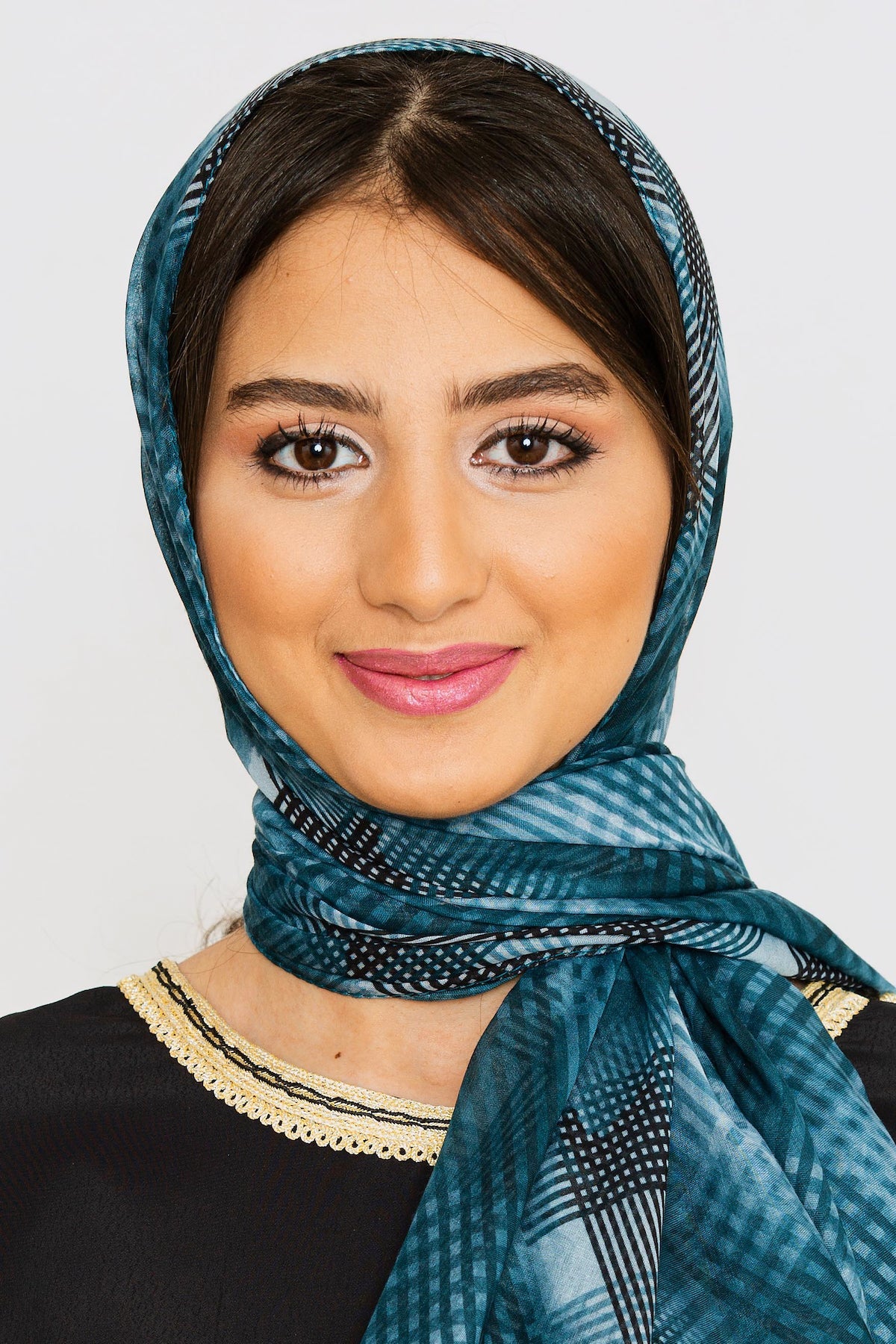 Women's Lightweight Satin Head Scarf in Petrol Check Print