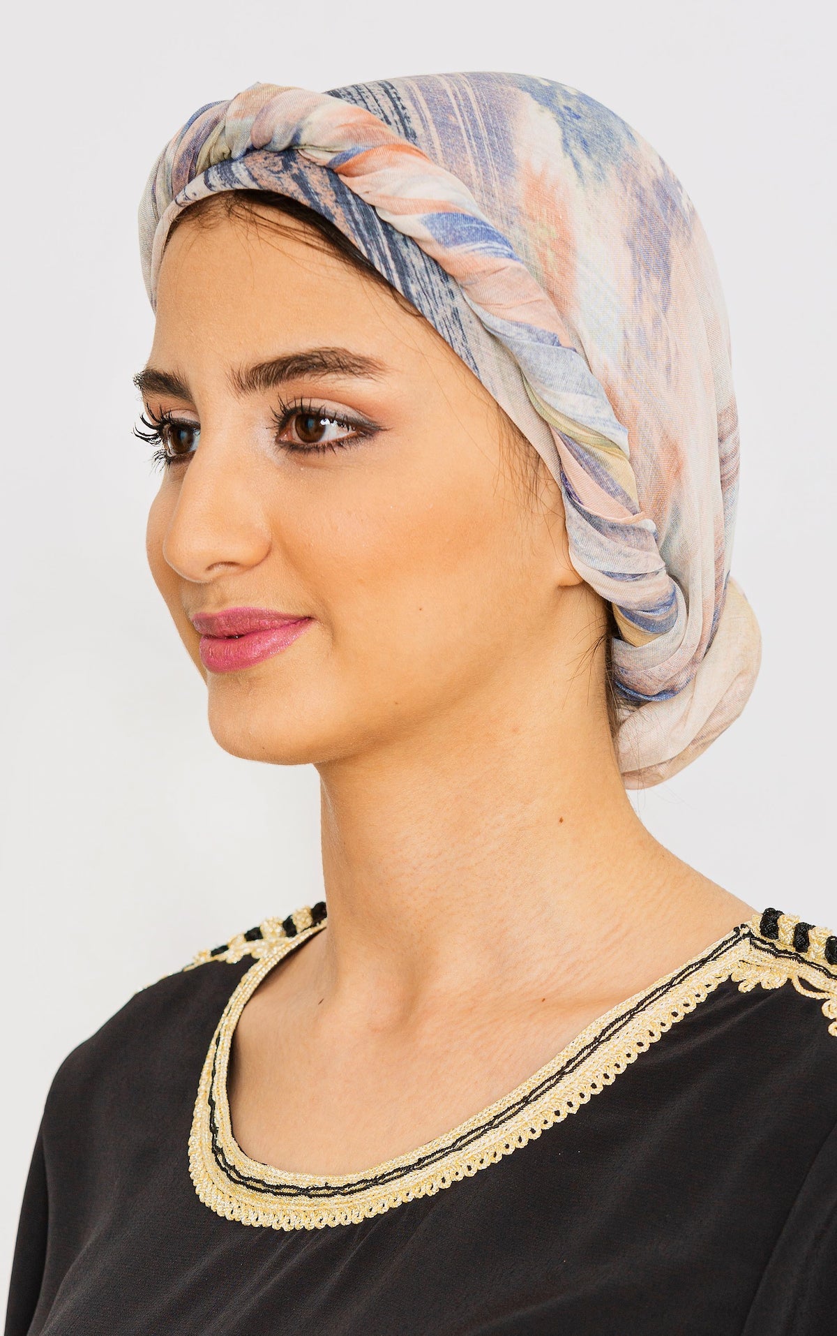 Women's Lightweight Satin Head Scarf in Beige Paint Print