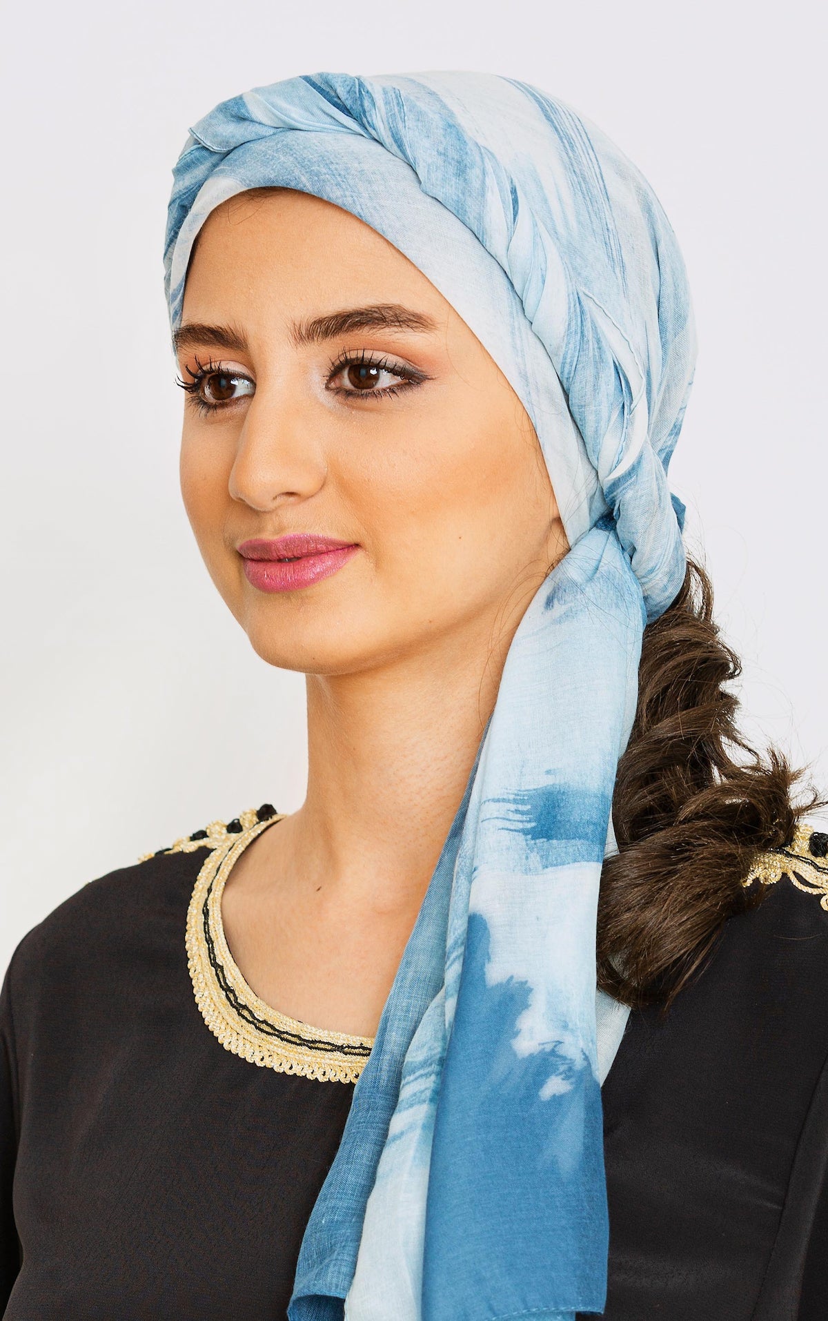 Women's Lightweight Satin Head Scarf in Blue Paint Print