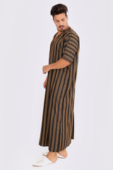 Gandoura Men's Short Sleeve Long Striped Thobe in Black & Tan