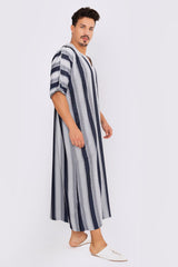 Gandoura Men's Short Sleeve Long Striped Thobe in Black & Grey