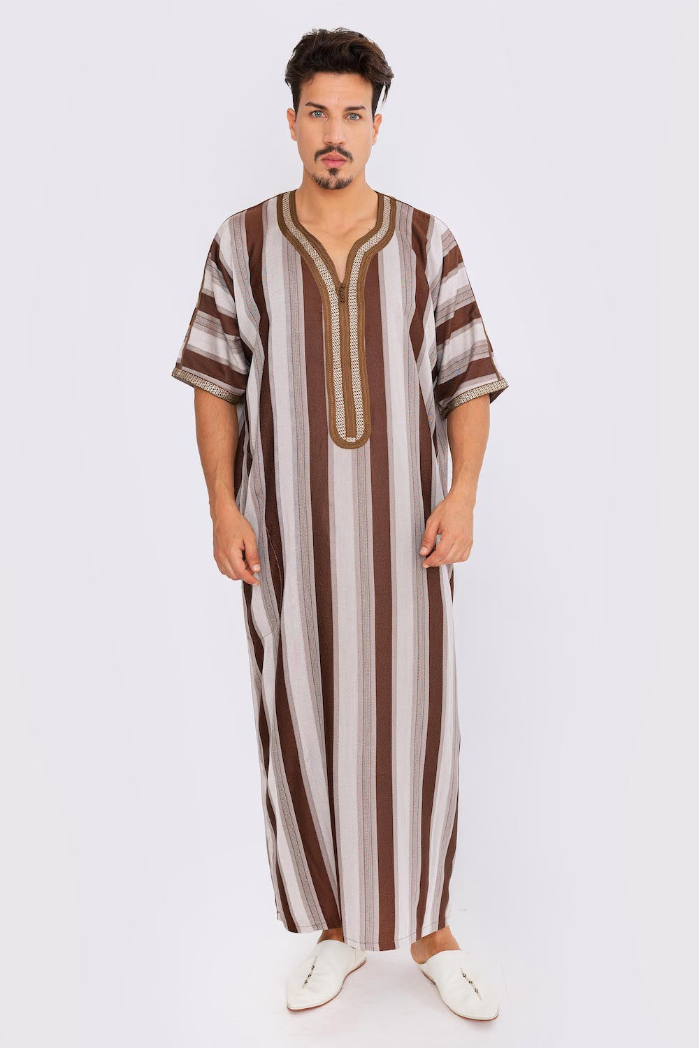 Gandoura Men's Short Sleeve Long Striped Thobe in Grey & Brown