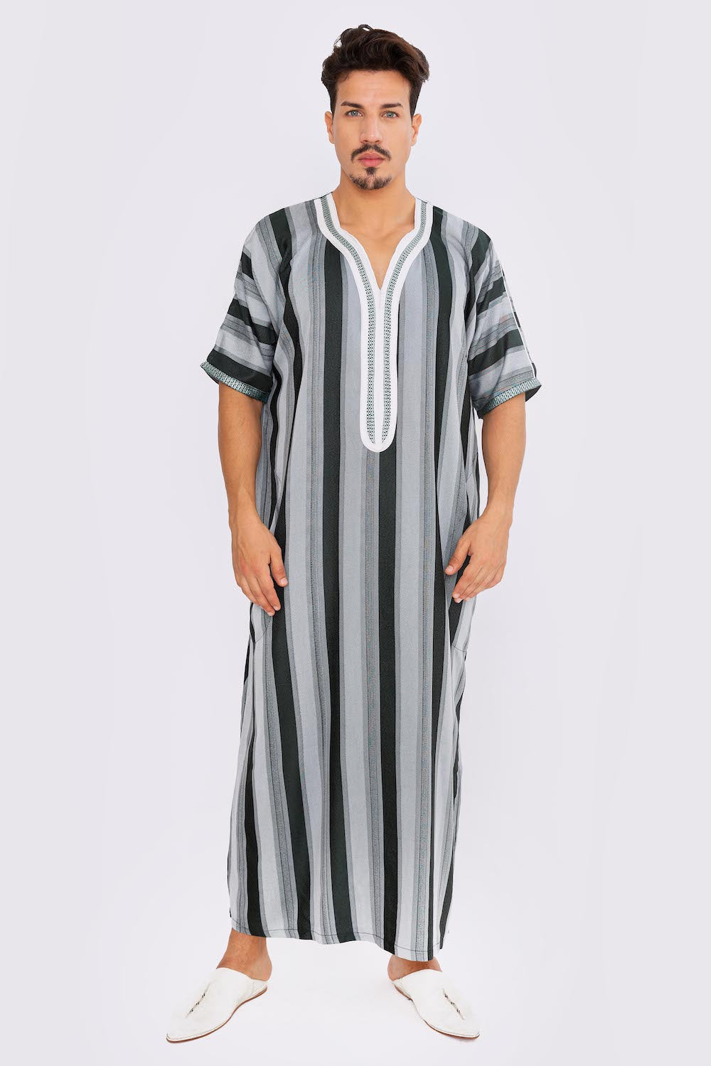 Gandoura Men's Short Sleeve Long Striped Thobe in Grey & Black