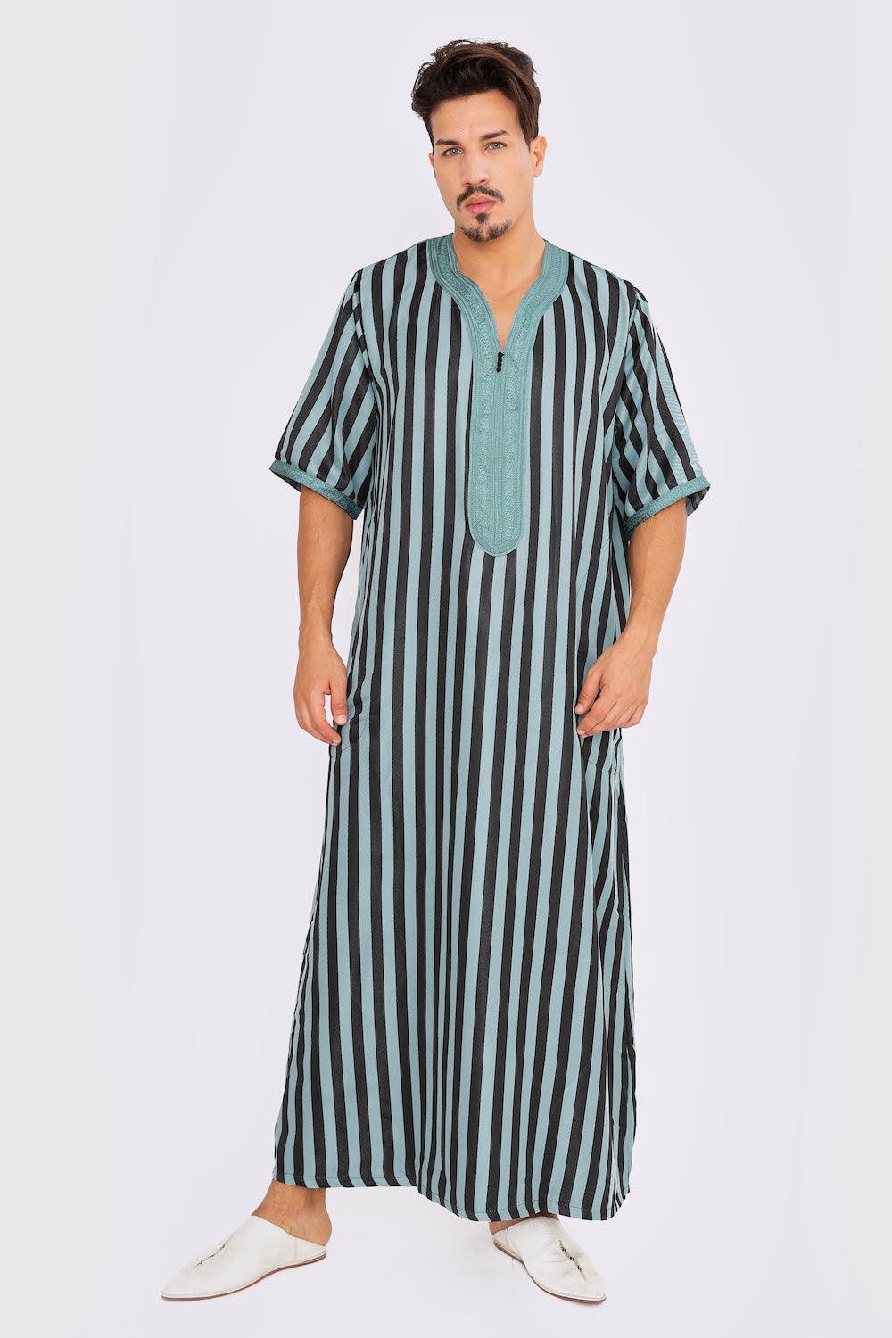 Gandoura Napoli No2 Men's Short Sleeve Long Striped Thobe in Black & Petrol