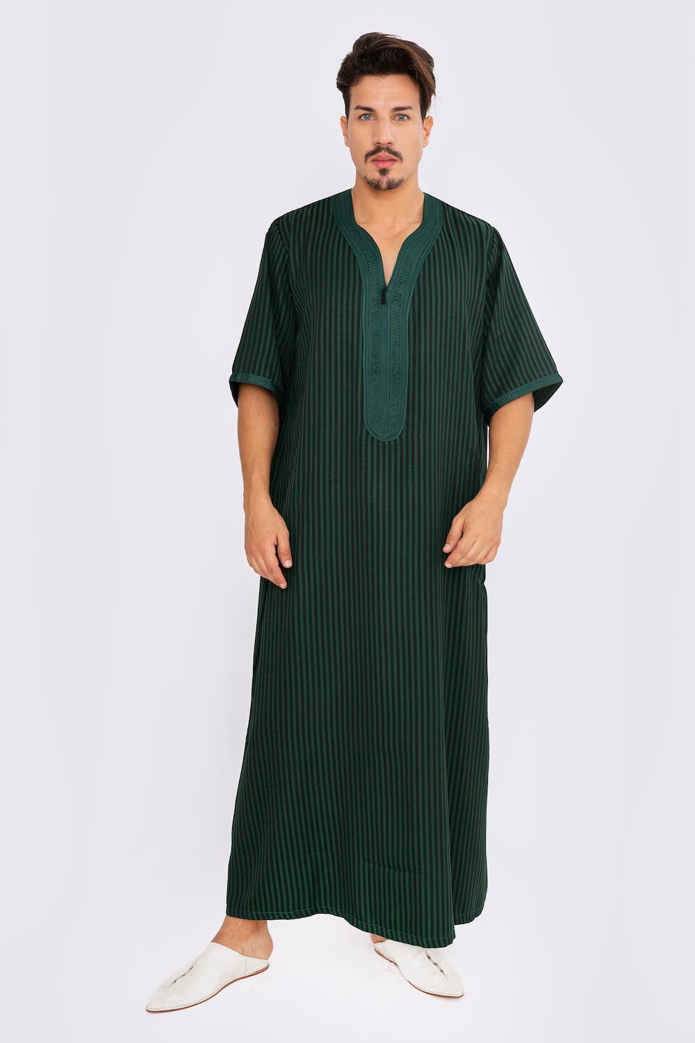 Gandoura Napoli No3 Men's Short Sleeve Long Striped Thobe in Black & Green