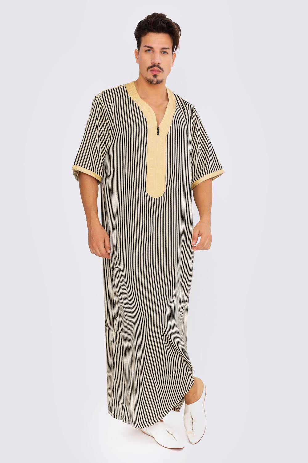 Gandoura Napoli No3 Men's Short Sleeve Long Striped Thobe in Black & Yellow