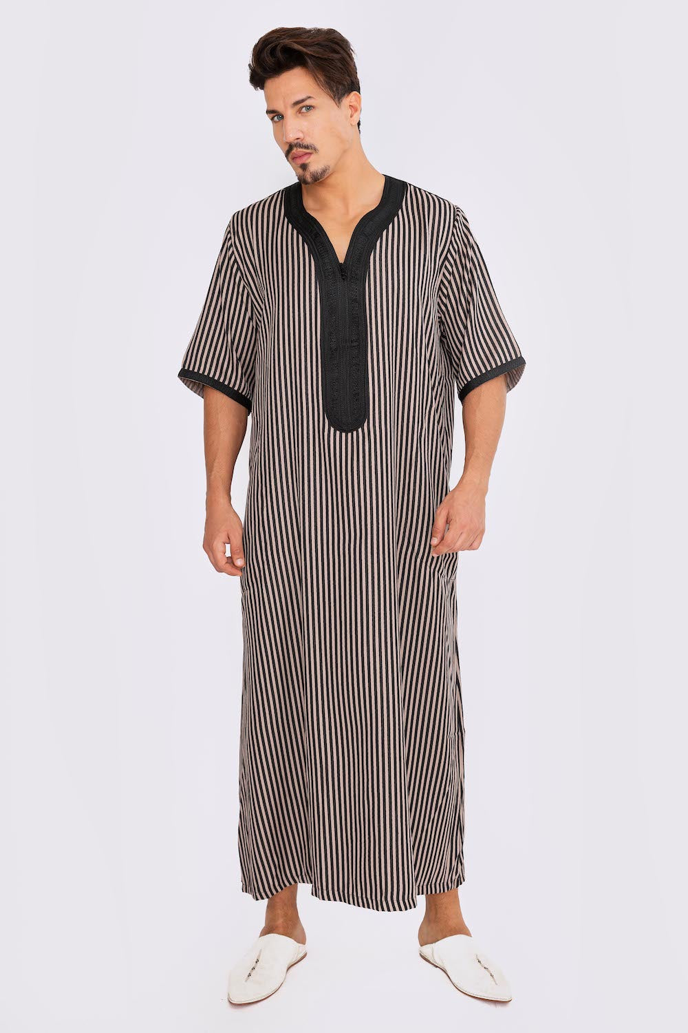 Gandoura Napoli No3 Men's Short Sleeve Long Striped Thobe in Black & Beige