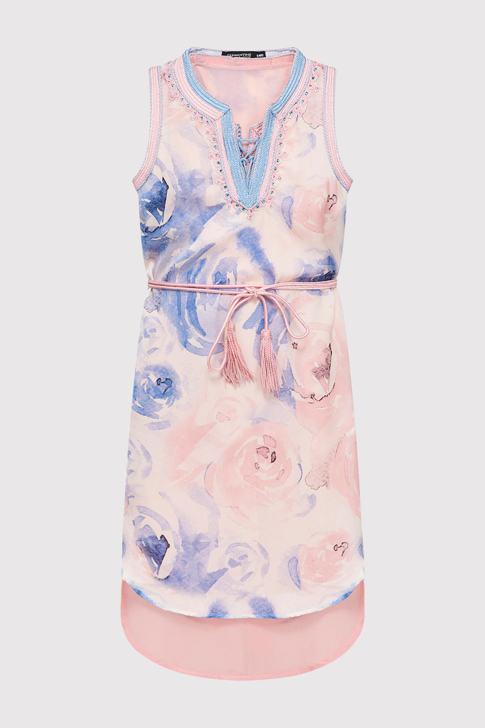 Gandoura Ouarda Girl's Sleeveless V-Neck Dress and Rope Belt in Sky Blue and Pink (2-12yrs)