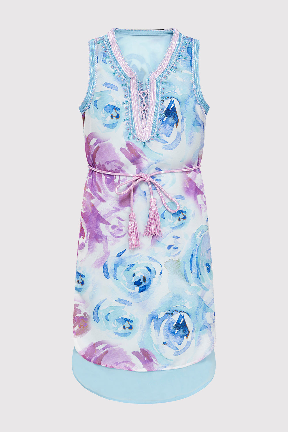 Gandoura Ouarda Girl's Sleeveless V-Neck Dress and Rope Belt in Purple and Blue (2-12yrs)