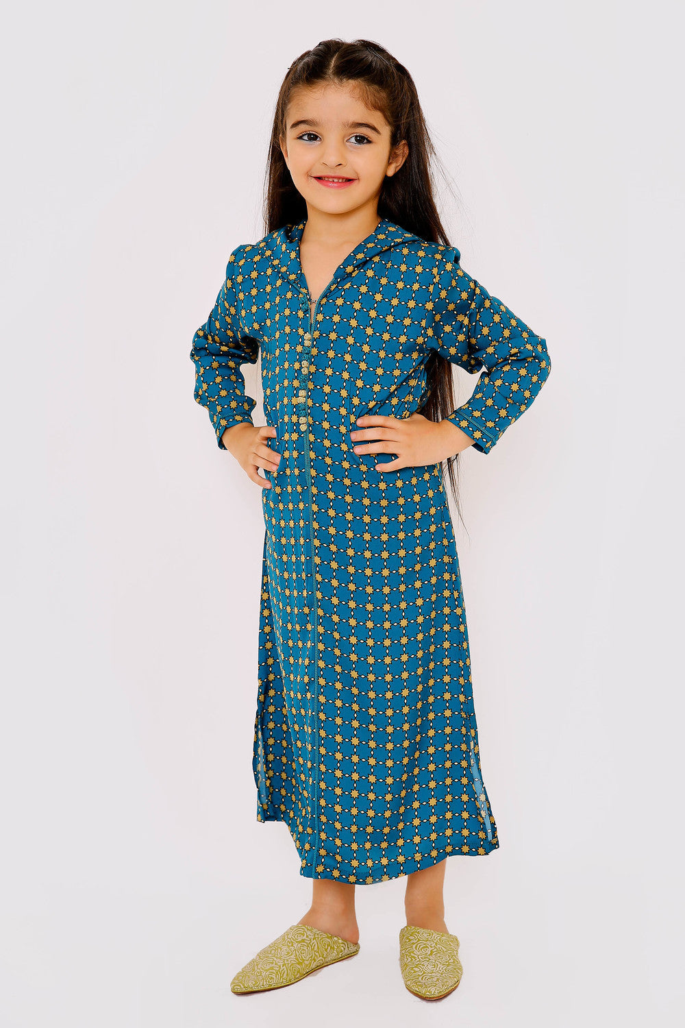 Djellaba Belkis Jr Girl's Long Sleeve Hooded Cropped Kaftan Dress in Teal Print
