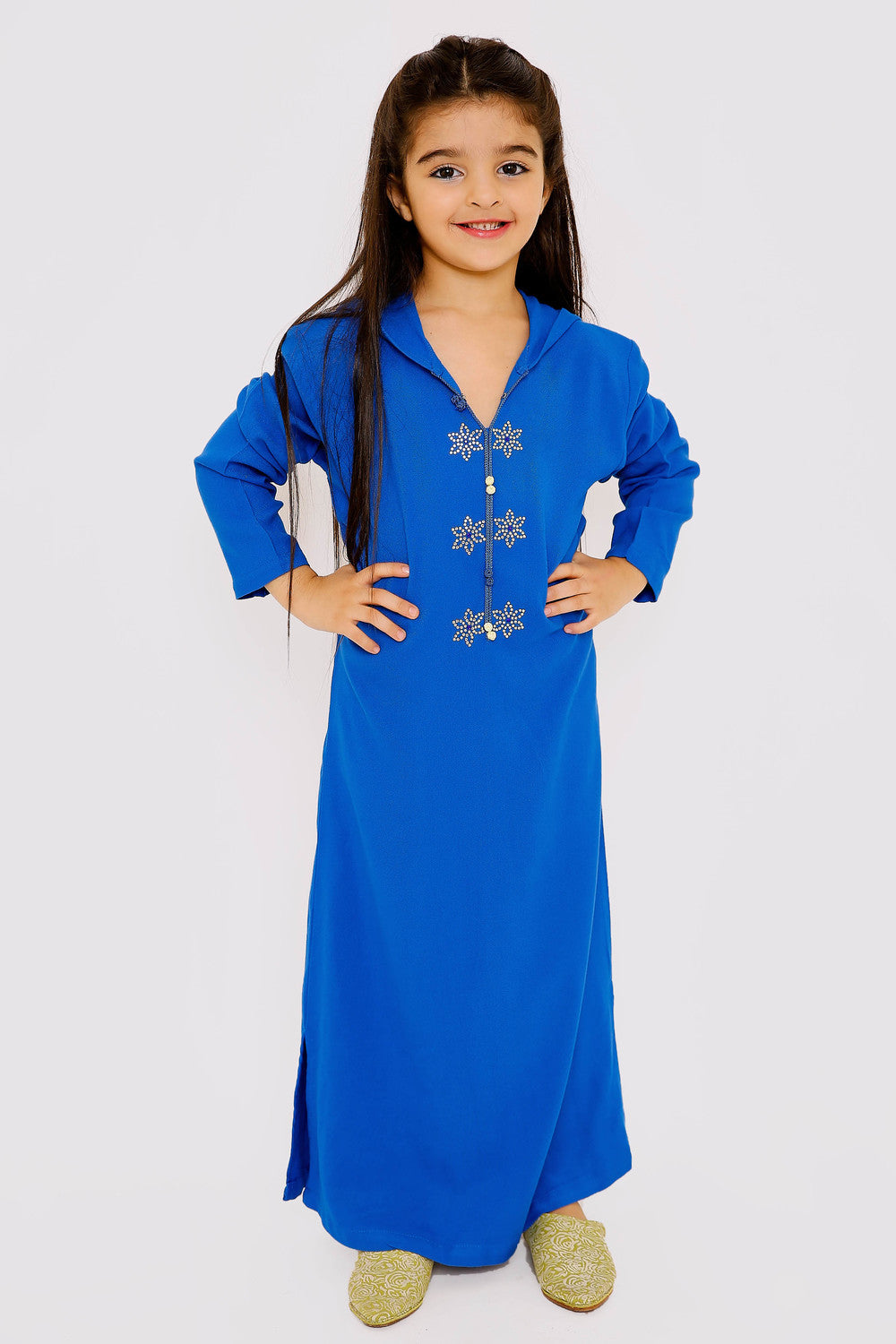 Djellaba Cherifa Girl's Long Sleeve Hooded Maxi Dress Kaftan in Royal Blue