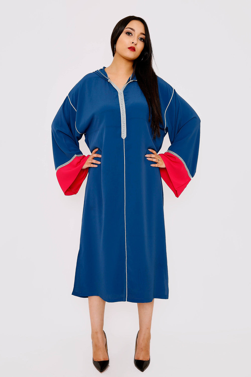 Djellaba Farhat Long Sleeve Contrast Colour Hooded Midi Dress Kaftan in Blue