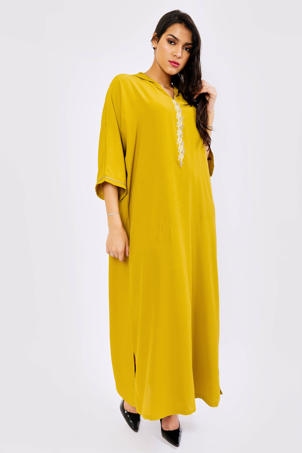 Djellaba Hilal Cropped Sleeve Hooded Maxi Dress Kaftan in Lime