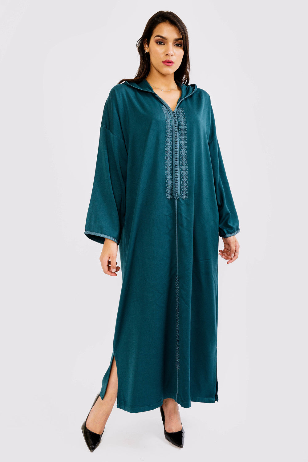 Djellaba Illy Hooded Embroidered Maxi Dress Kaftan in Petrol