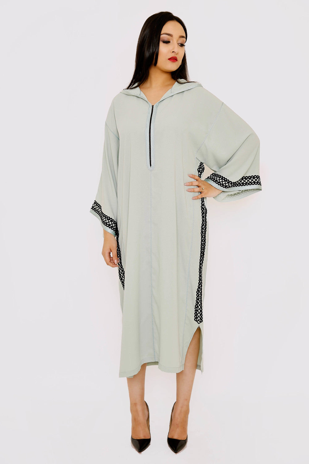 Djellaba Perla Long Sleeve Contrast Embroidery Hooded Midi Kaftan Dress in Light Green