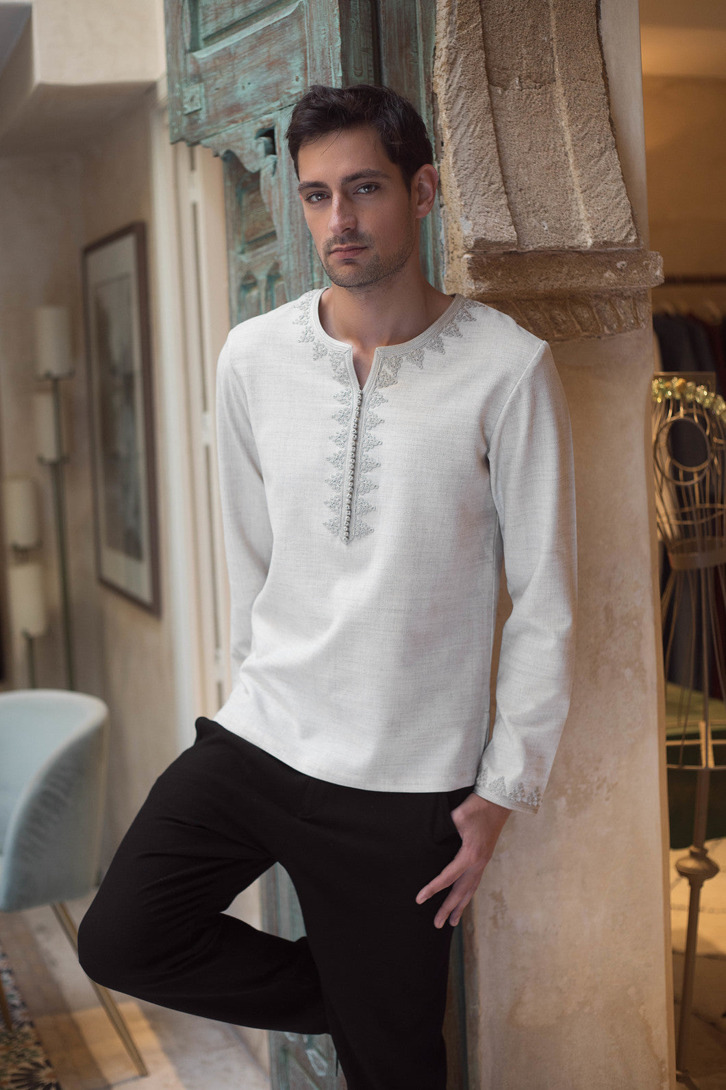 Jabador Vizir Men's Thobe Co-Ord Set Top and Trousers in Beige