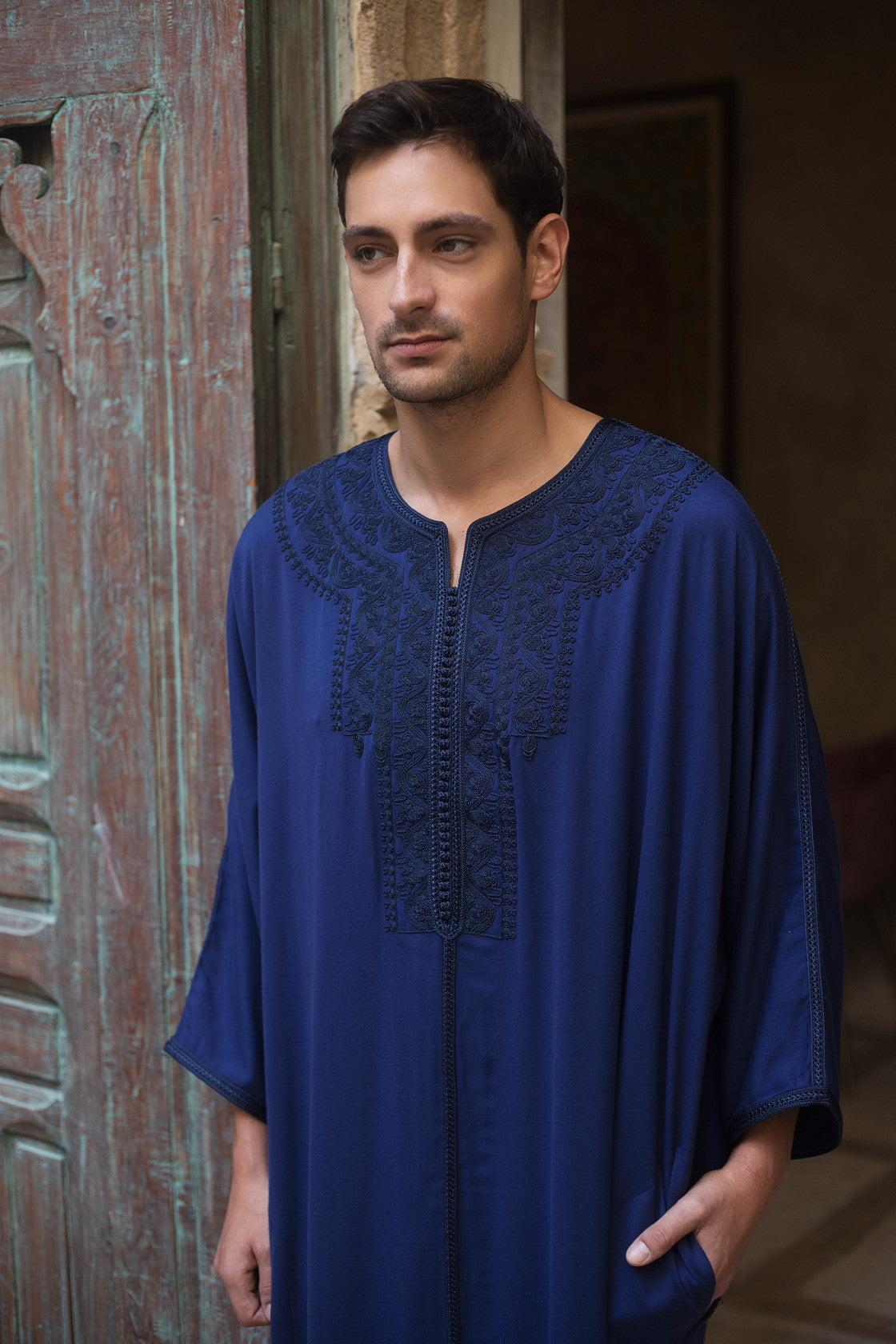 Gandoura Badii Men's Long Robe Long Sleeve thobe in Navy Blue