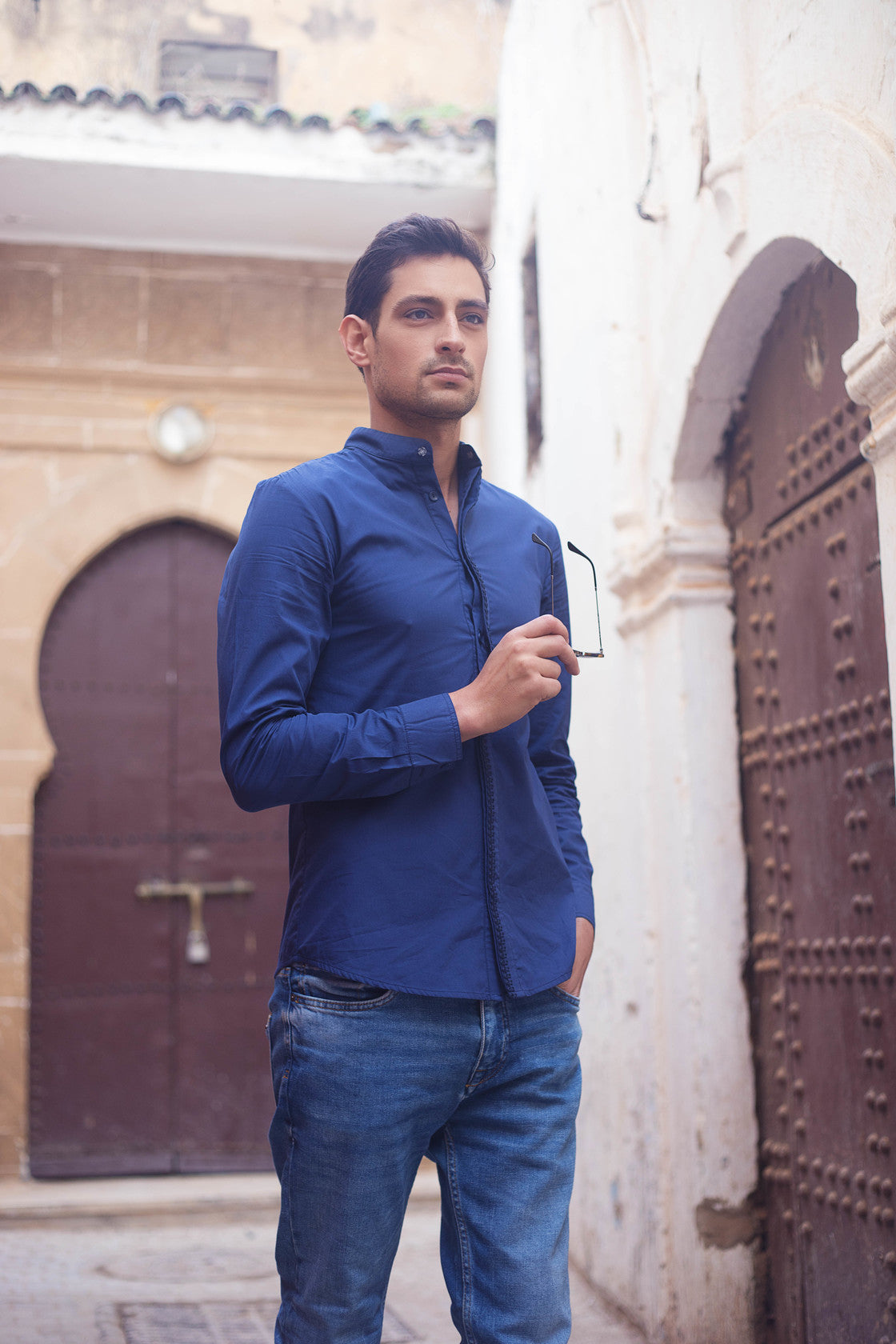 Calif Men's Long Sleeve Mandarin Collar Shirt in Marine Blue