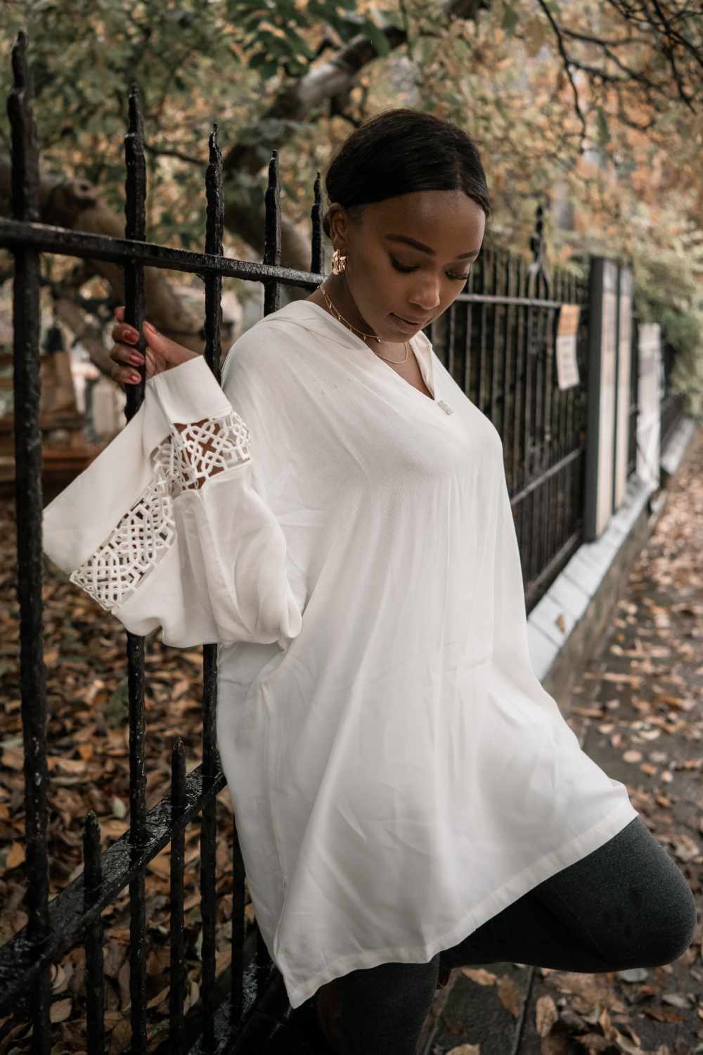 Simon Hooded Lace Sleeve Longline Top in White