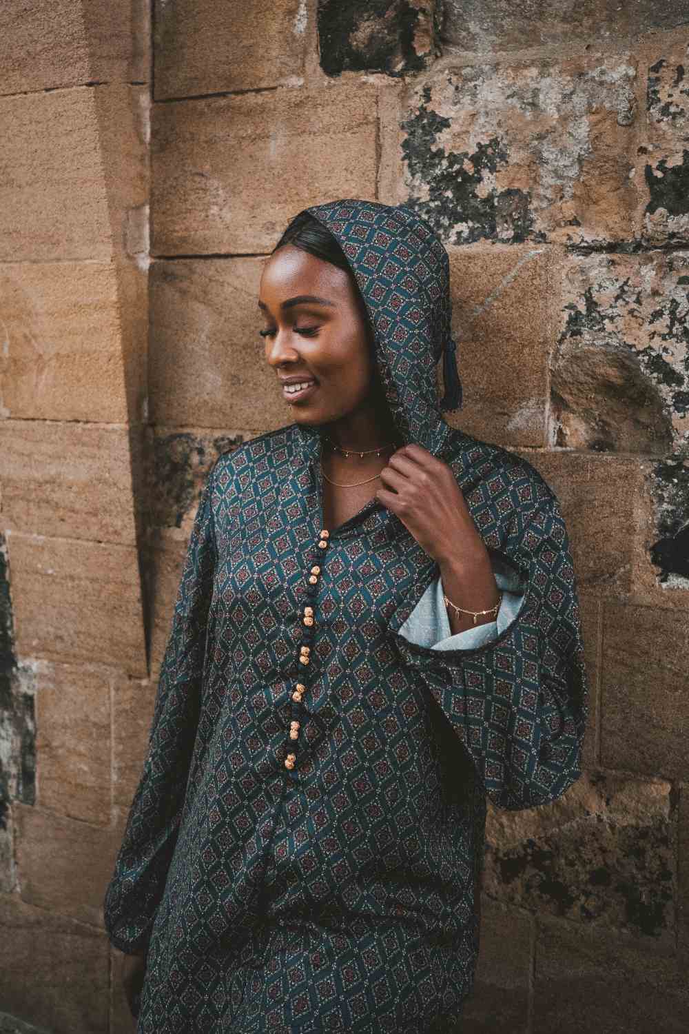 Djellaba Belkis Hooded Print Maxi Dress Kaftan in Teal Print