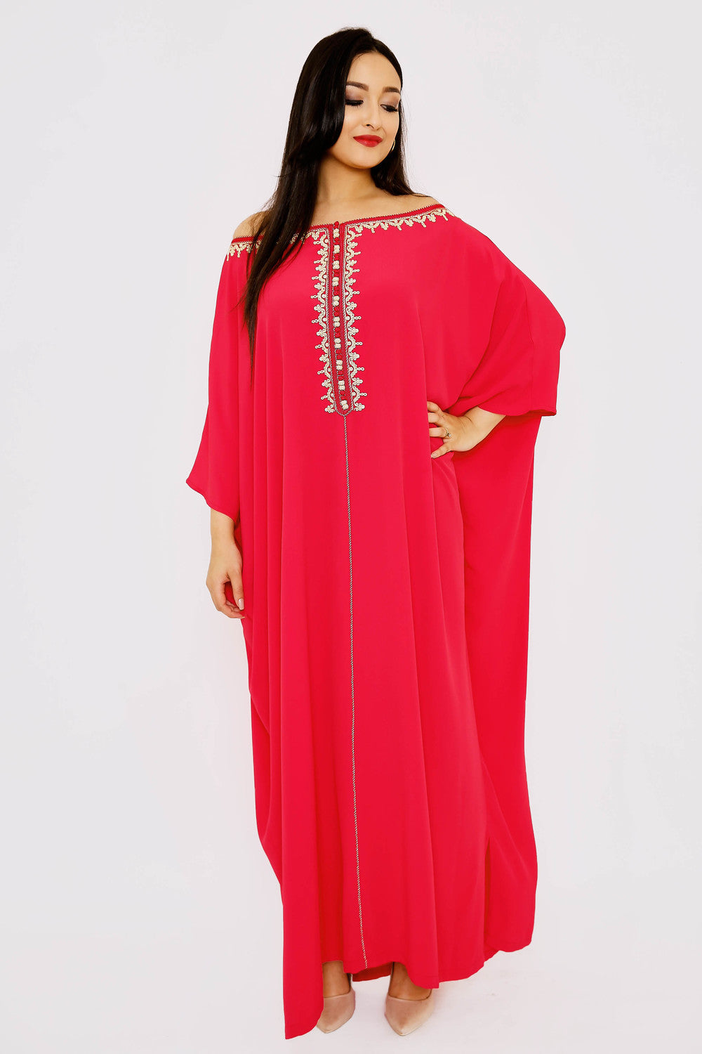 Kaftan Arwa Off-The-Shoulder Bardot Loose Maxi Gandoura Dress Abaya in Raspberry