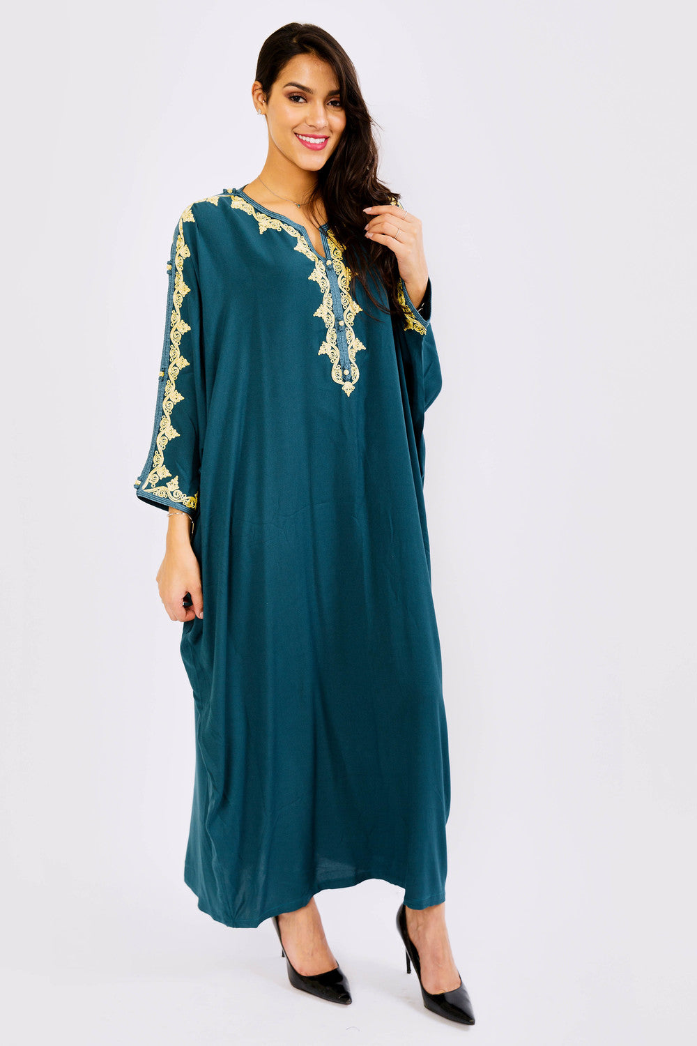 Kaftan Fatin Long Sleeve Button-Up Loose Maxi Dress Gandoura Abaya in Petrol