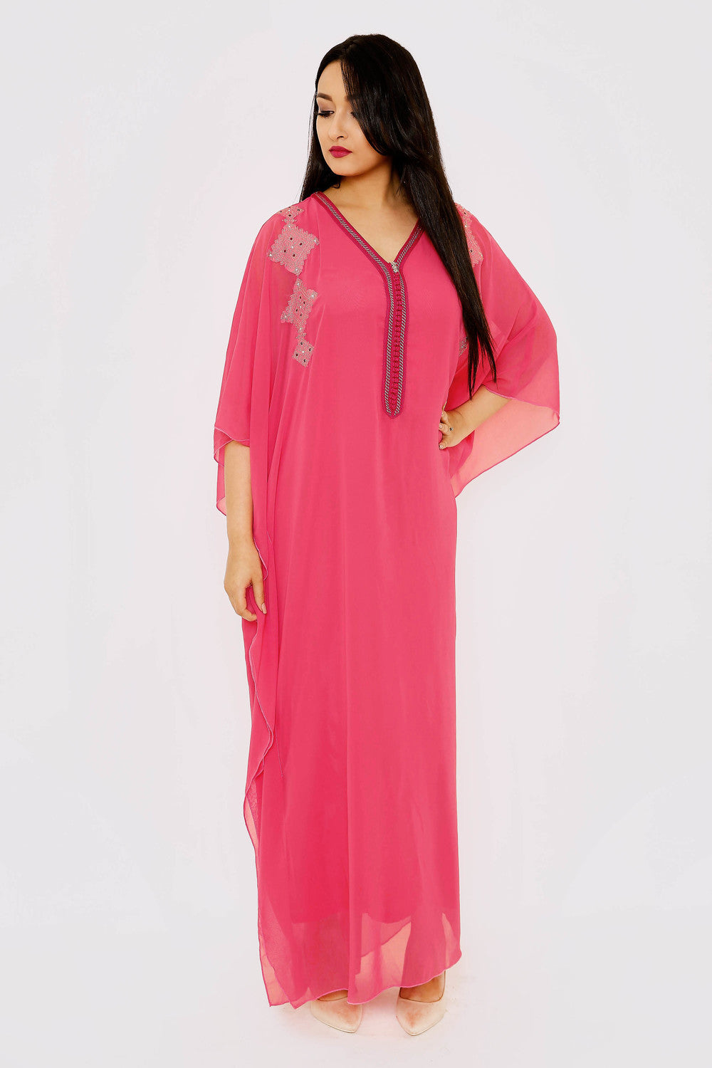 Kaftan Iklil Cropped Sleeve V Neck Loose Maxi Gandoura Dress in Raspberry