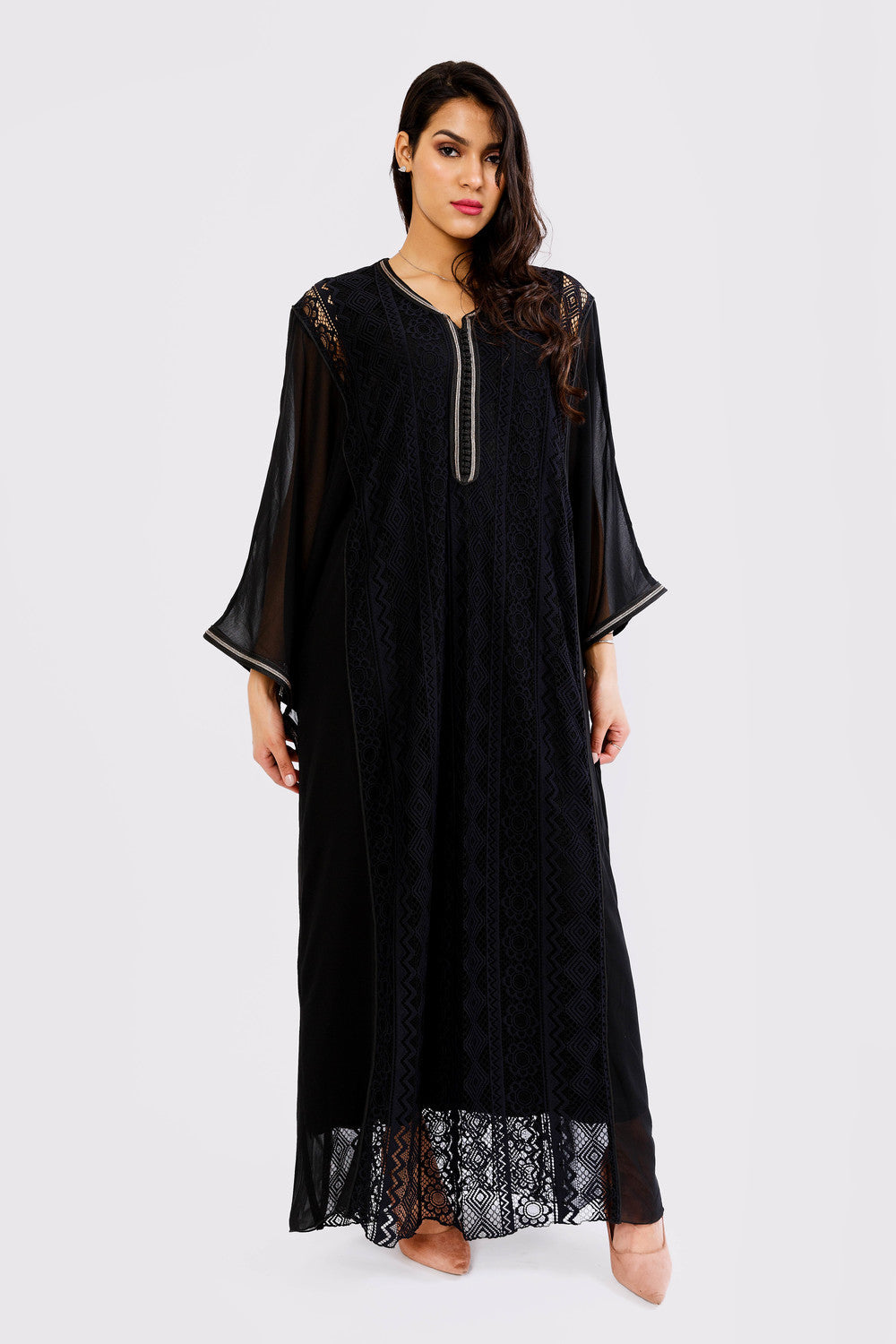 Kaftan Jamila Long Sleeve Lace and Chiffon Loose Maxi Dress Gandoura Abaya in Black