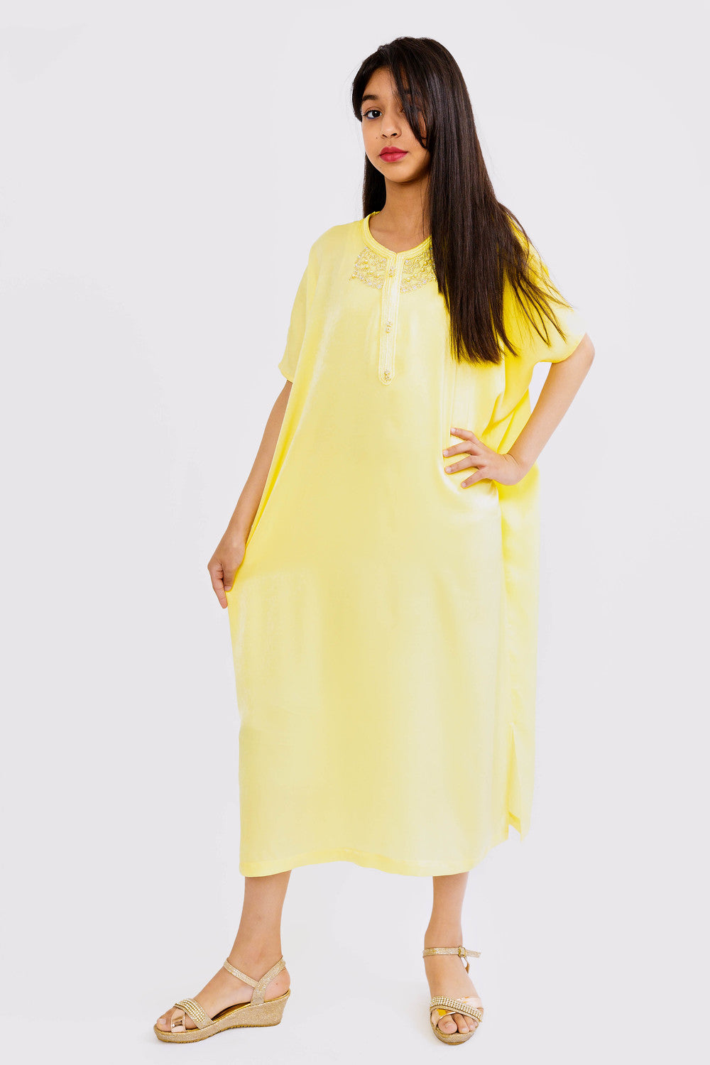 Gandoura Keniz Girl's Short Sleeve Cropped Velvet Maxi Kaftan Dress in Yellow