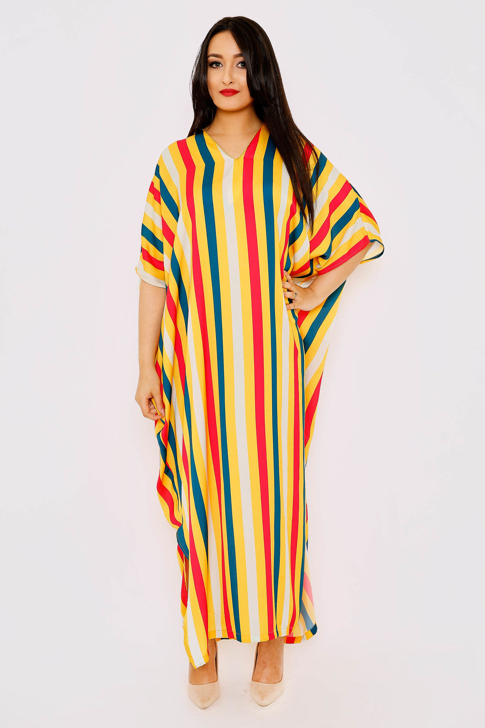 Kaftan Taj Cropped Sleeve Stripe Loose Maxi Gandoura Dress in Print