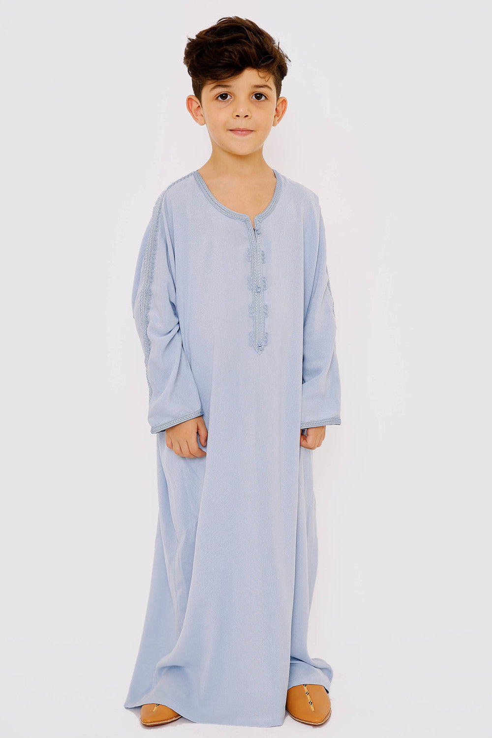 Gandoura Wadii Boy's Long Sleeve Embroidered Long Thobe in Sky Blue
