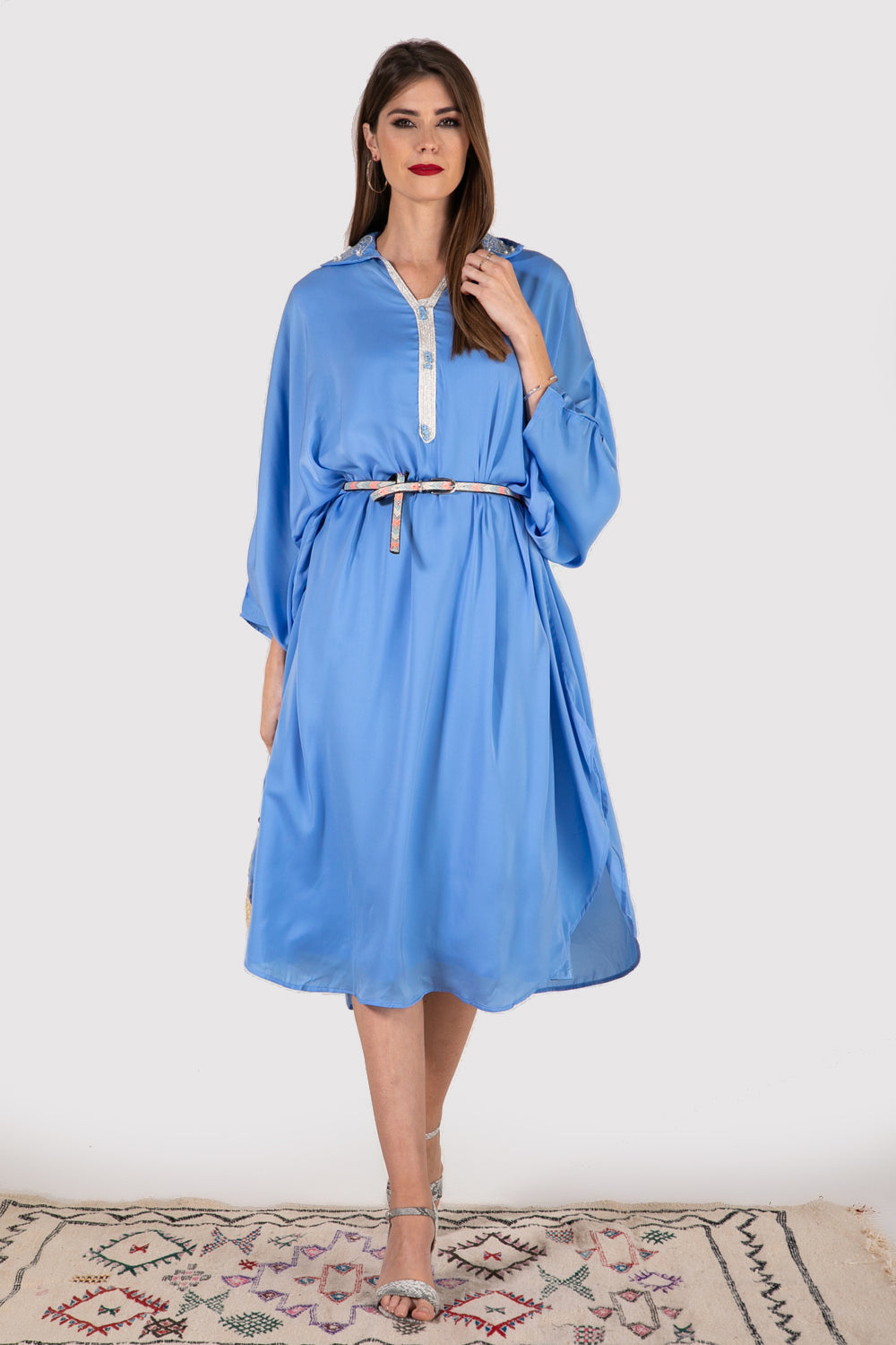 Gandoura Elva collared dress in sky blue - diamantine-uk
